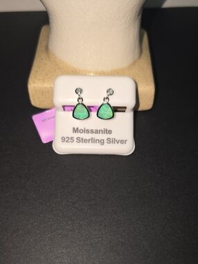 925 Sterling Silver Green Opal Drop Earrings - Moissanite Accent